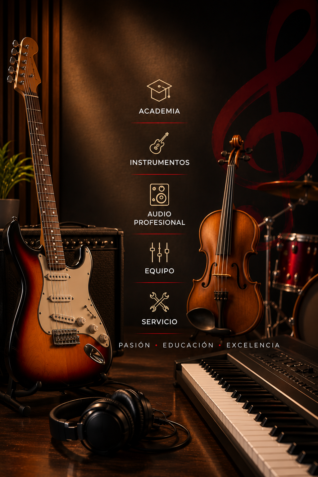 Guitarra, violín, batería y teclado en el espacio de academia