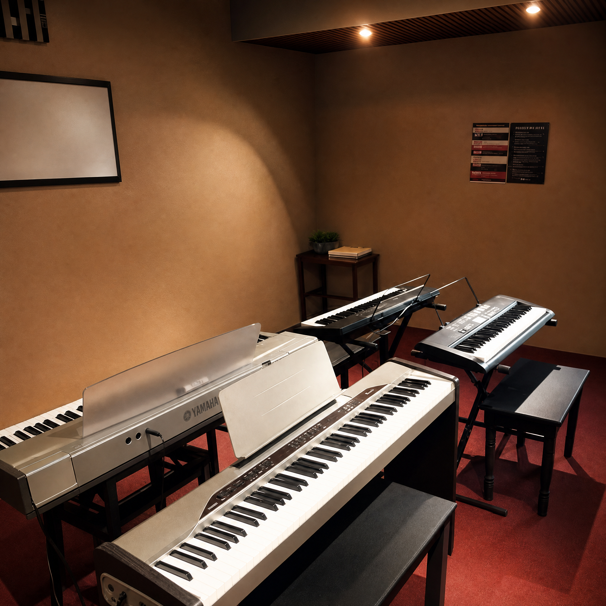 Aula de piano con varios teclados y bancos