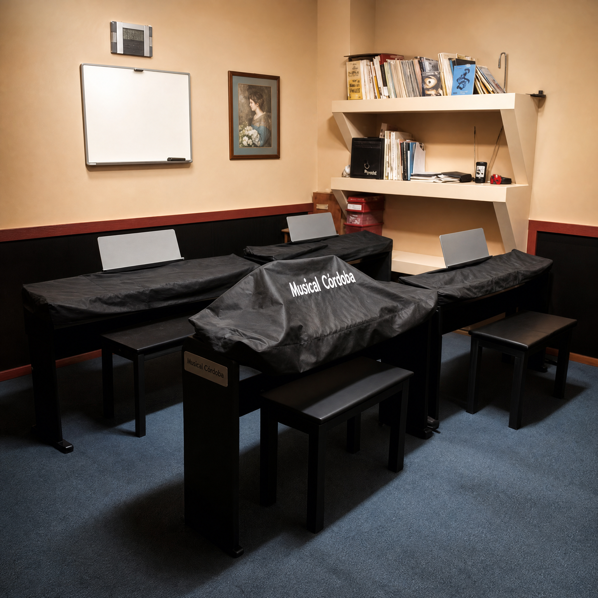 Aula de música con teclados cubiertos y material didáctico